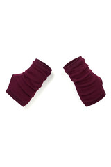 Close-up photo of a pair of short fingerless gloves with thumbhole. The burgundy glovelettes are isolated on a white background. Top view.