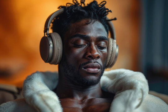 Man enjoying music with closed eyes wearing headphones Generative AI image