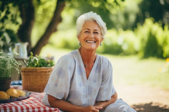 Portrait of a happy senior woman sitting on a picnic in the garden