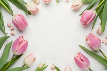 Pink Tulips Frame on White Background