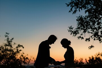 romantic silhouette of couple cutting cake during sunset