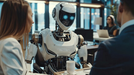 Fototapeta na wymiar Futuristic Concept: Humanoid Robot Engaging in Professional Meeting in Modern Office Space, Discussion with Male and Female Colleagues, Advanced Robotics, Technology and AI in Work Place