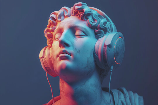 Classic sculpture with modern headphones in neon light Generative AI image
