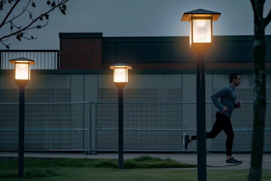 Man Jogging Past Outdoor Motionactivated Floodlights