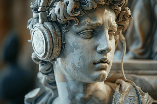 Ancient statue with modern headphones Generative AI image