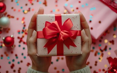 Gift box with red ribbon ai generative