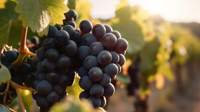 Generative AI illustration of ripe blue grapes hanging on the vine in a vineyard at sunset