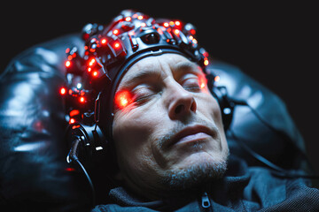 Man experiment with futuristic brainwave scanner Generative AI image