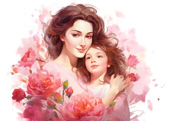 Obraz na płótnie Canvas Joyful Mother and Daughter Embracing With Flowers on Mothers Day