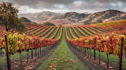Fototapeta na wymiar Colorful autumn vineyard with rows of grape vines turning red and gold, set against rolling hills in the background