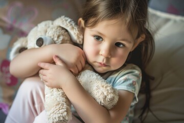 little girl holding stuffed animal, sitting quietly