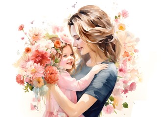 Obraz na płótnie Canvas Joyful Mother and Daughter Embracing With Flowers on Mothers Day