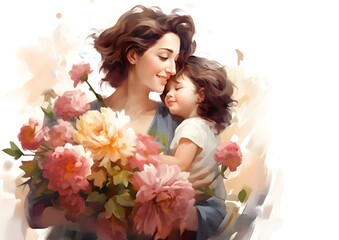 Joyful Mother and Daughter Embracing With Flowers on Mothers Day