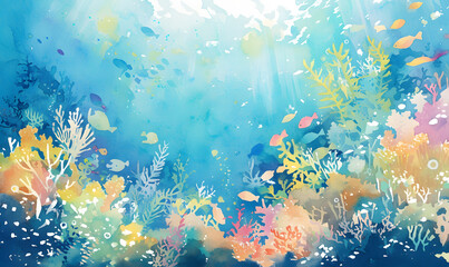 Fototapeta na wymiar watercolour painting of the underwater ocean reef landscape, Generative AI
