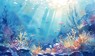 Naklejka na ściany i meble watercolour painting of the underwater ocean reef landscape, Generative AI
