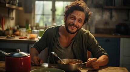 Bachelor Kitchen Scene: Young Man Eating from Pan