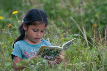Budding Bookworm: Little Girl Child Immersed in Reading at the Park - Imagination, Learning, and Joyful Literary Discovery Amidst Nature's Playground