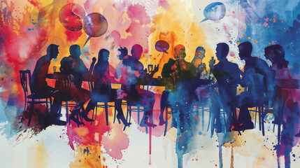 Vibrant Watercolor Illustration of Cheerful Group Discussion at a Table, Engaging Individuals in Lively Interaction, Typical Semi-Abstract Style, Expressive Character Postures and Expressions, Dynamic
