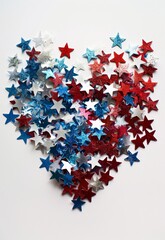 Closeup of glitter stars confetti in USA flag colors in heart shape. Template for national holidays background - Independence day(4th of July), Veterans day, Labor day, Memorial day concept.