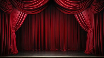 Stage in a theatre. Theater red velvet curtains.