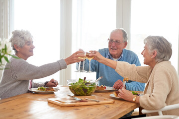Wine, cheers and senior friends at brunch in home with smile, celebration and bonding in...