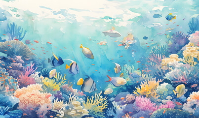 Fototapeta na wymiar watercolour painting of the underwater ocean reef landscape, Generative AI