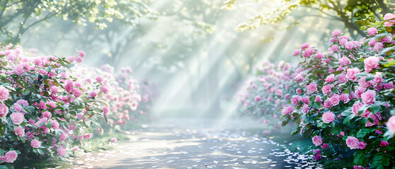 Enchanted Forest Path, Magical Nature Scene with Sunlight Through Trees in Dreamy Landscape