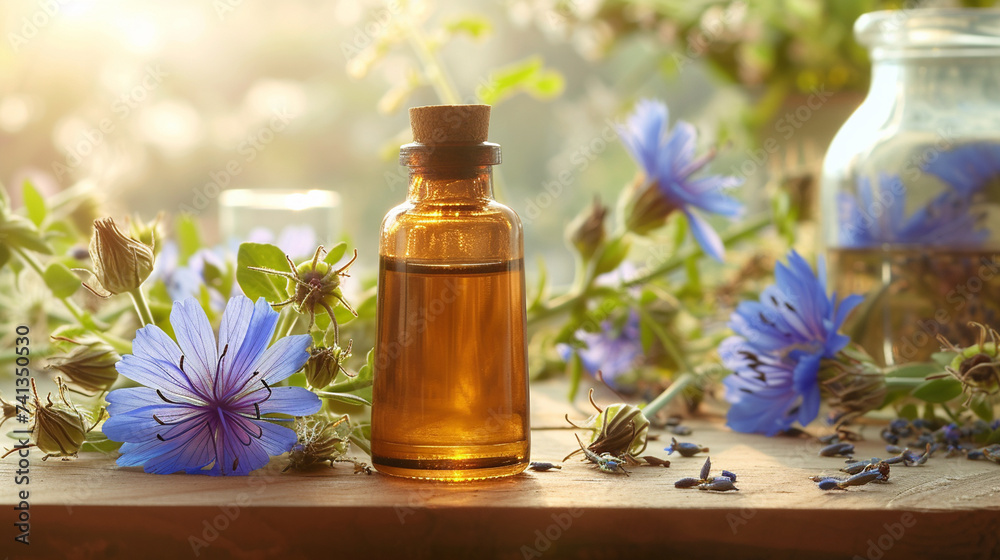 Sticker jar with essential oil extract of chicory oil on a wooden background