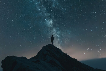 A silhouette of a person stargazing on a mountaintop - obrazy, fototapety, plakaty