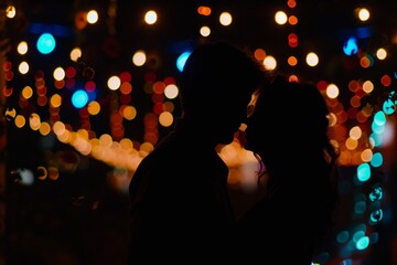 lovers silhouette, night city lights interwoven