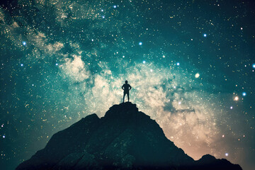 A silhouette of a person stargazing on a mountaintop - obrazy, fototapety, plakaty
