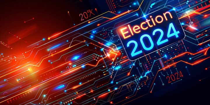 Futuristic 2024 election concept with neon circuitry.Generative AI