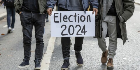 Citizens clad in casual attire march on the street, holding an 'Election 2024' sign as a symbol of their collective voice and civic responsibility.