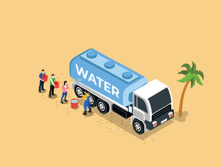 group of people asking for tap water to the water truck driver 3d isometric vector illustration