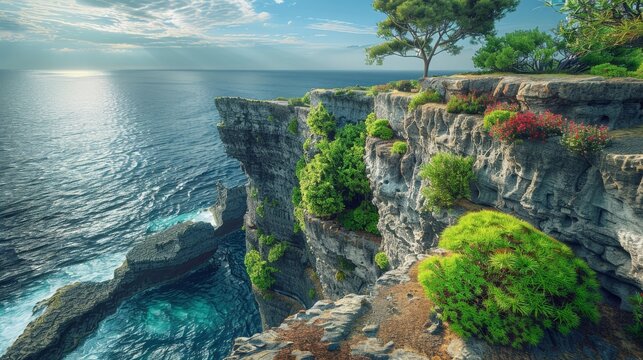 Dramatic cliffs adorned with hanging gardens overlooking the ocean, capturing the raw beauty of nature where land meets sea