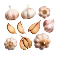 A collection of garlic cloves on transparent background