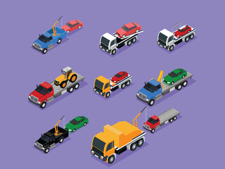 Set of towing car vehicles with towed automobiles 3d isometric vector illustration
