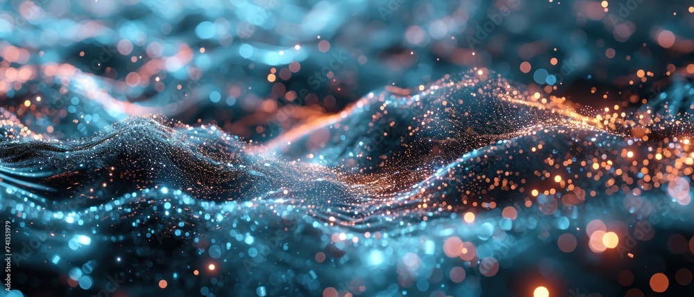 Poster abstract wallpaper featuring a futuristic wave of dots and geometric patterns, illustrating the interconnectedness of science and future network technologies