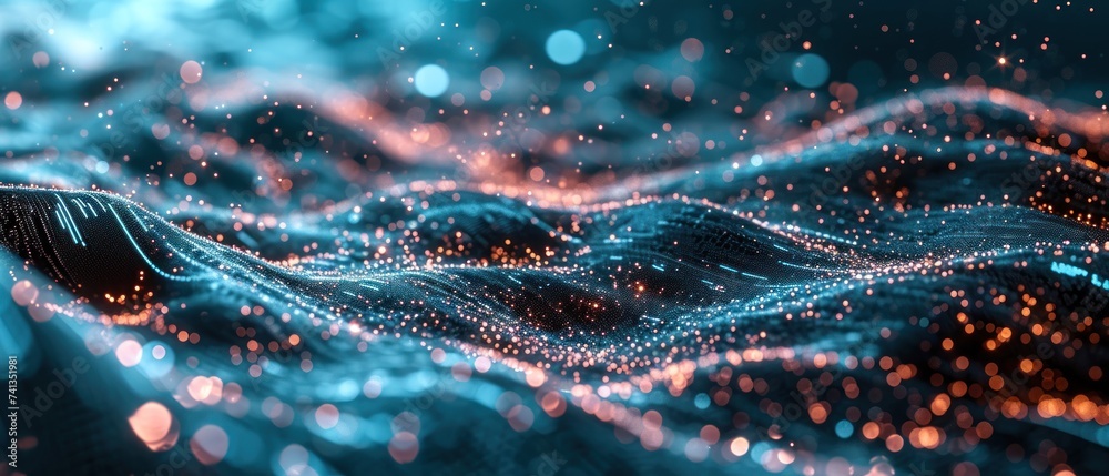 Poster abstract wallpaper featuring a futuristic wave of dots and geometric patterns, illustrating the interconnectedness of science and future network technologies