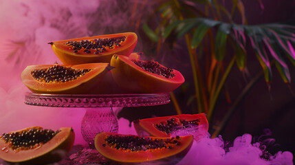 Still life composition with papaya on pink.