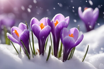 Crocuses in the snow. Violet crocuses in early spring garden. Close-up of flowering Ruby Giant on white background. Soft selective focus.