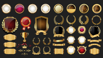 Luxury gold badge shield ribbon and laurel retro vintage collection 