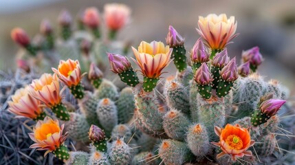 Dynamic close-up of a cactus in bloom in the desert, capturing the contrast between the harsh, spiky exterior and the delicate