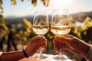 Two hands holding wine glasses in the act of toasting in a vineyard landscape.