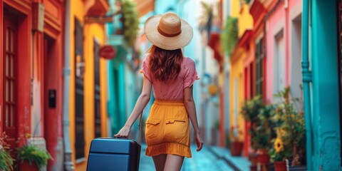A female tourist with luggage exploring a European city.
