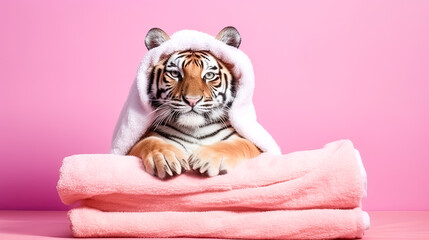 A tiger wrapped in a towel post-bath - obrazy, fototapety, plakaty