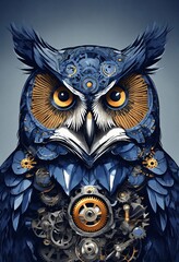 Portrait of an owl, steampunk, indigo blue, colorful, illustration, highly detailed, simple, smooth, and clean vector, no jagged lines, vector art, smooth, made all with grey colored gears inspired by
