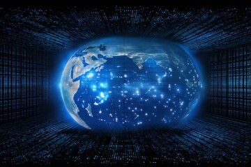 Naklejka premium surface of earth planet with futuristic computer technology and mega city, digital connections with hologram and glow against background of space, concept of globalization and urbanization