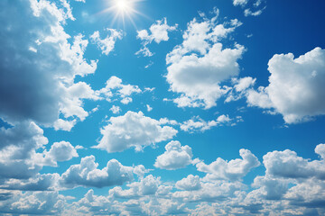 beautiful blue sky with white cumulus clouds and sun for abstract background - 741352751