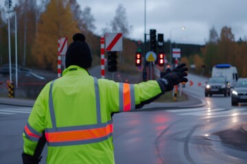 man in high visibility jacket directing traffic at crossing